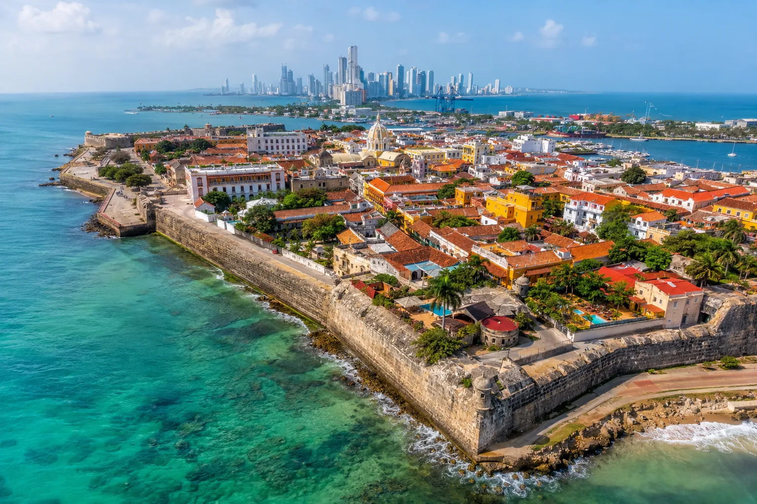 Aerial view of Cartagena's walled old city on the Caribbean