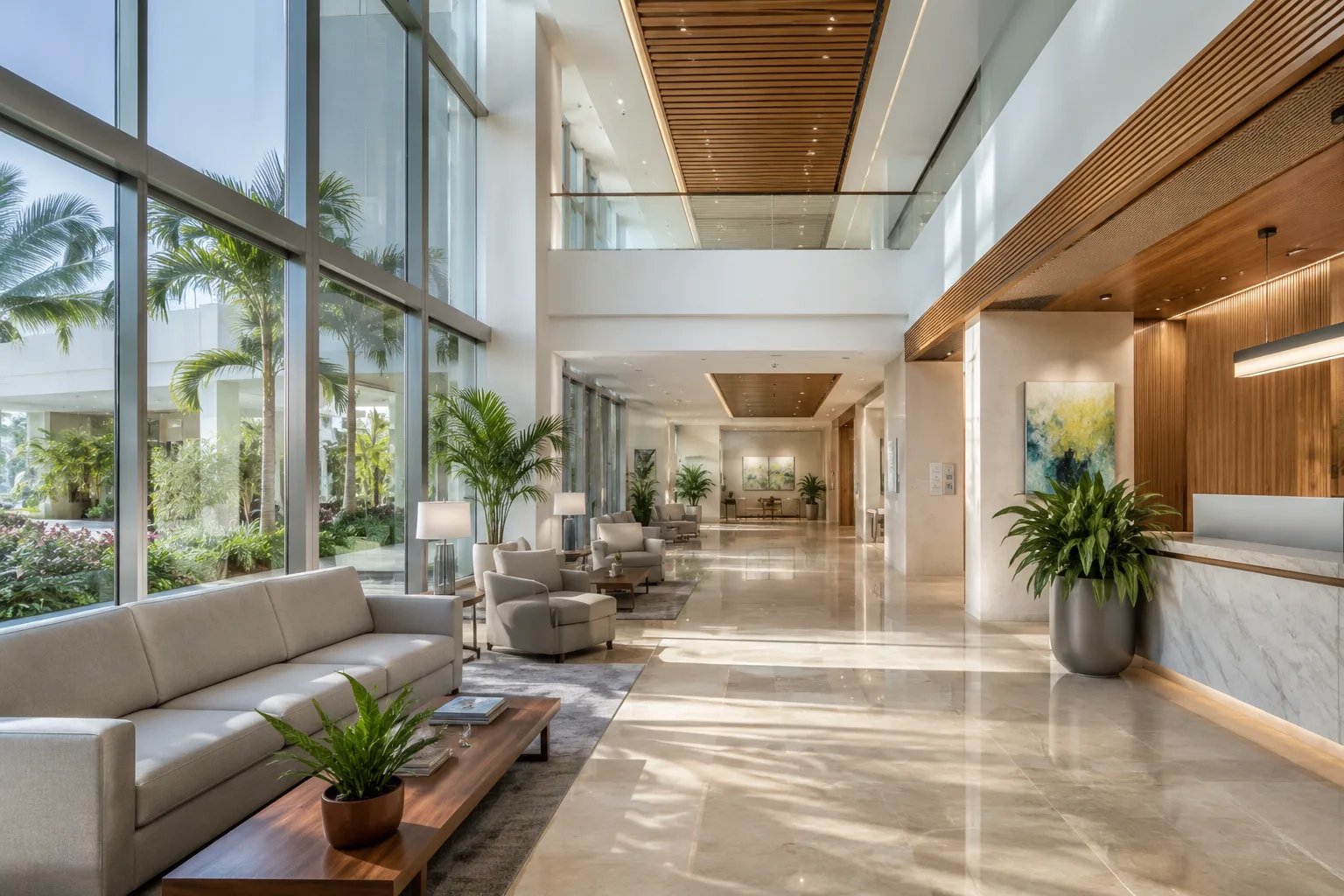 Modern hospital lobby with natural light and tropical greenery