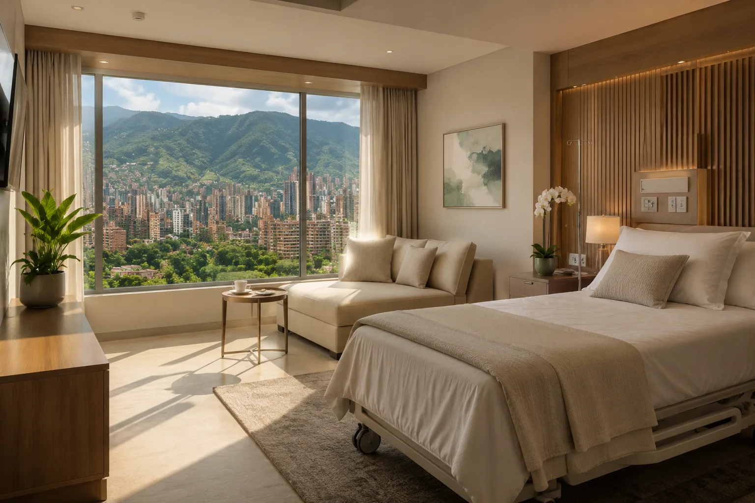 Serene private recovery suite overlooking green Colombian mountains