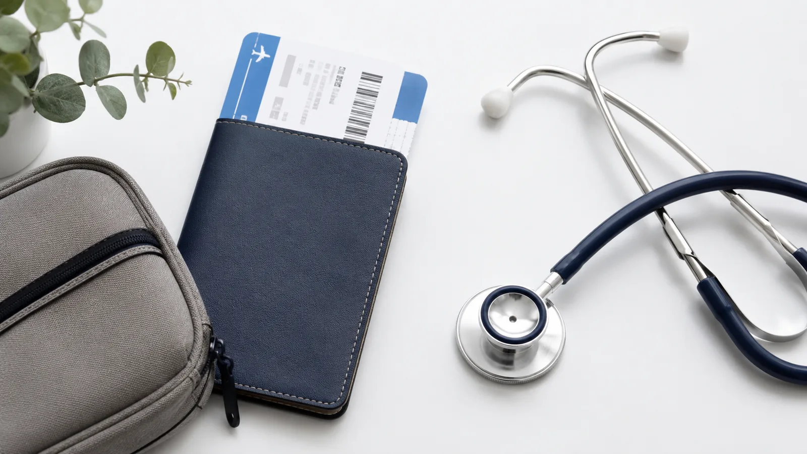 Passport, boarding pass and stethoscope — medical travel essentials